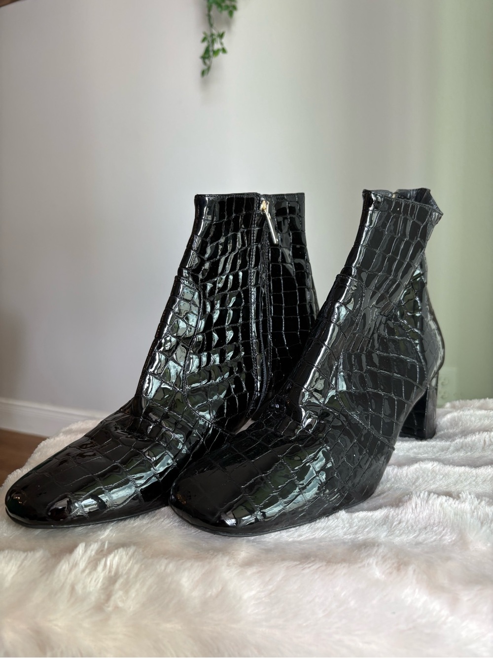 Karen Millen Black Croc-Embossed Patent Ankle Boots